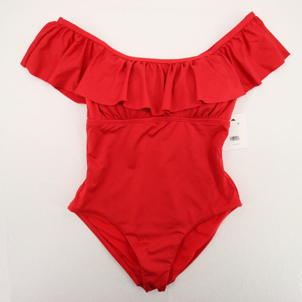 Gibson Latimer One Piece Swimsuit Red Off Shoulder Ruffle Bardot Style XS NWT